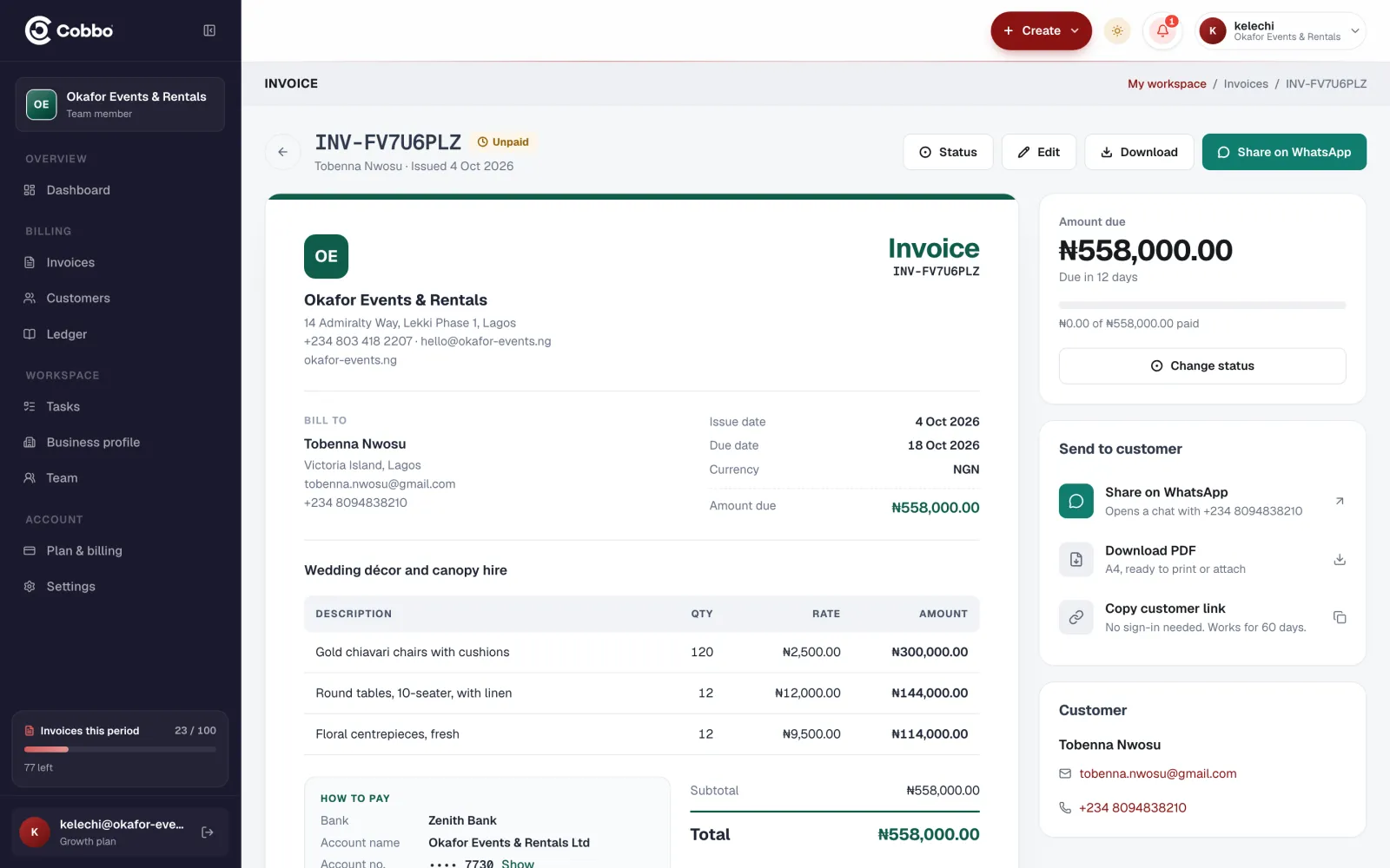 An invoice with buttons to share on WhatsApp, download or copy a customer link