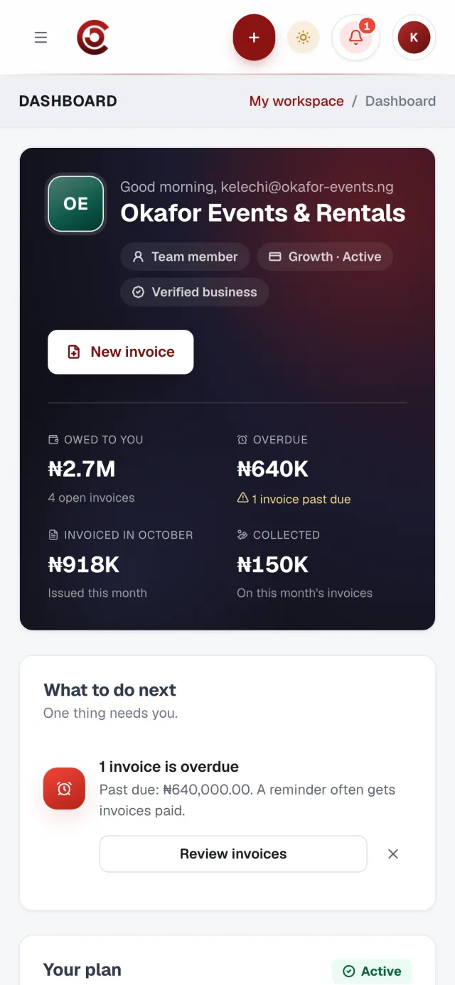The dashboard on a phone: owed to you, overdue, invoiced and collected