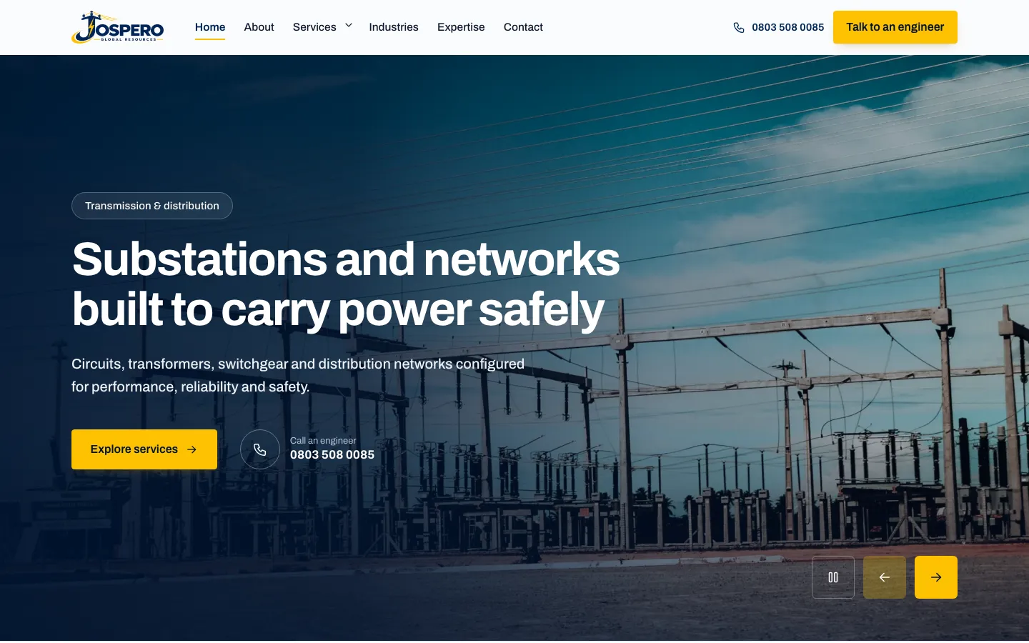 Jospero Global Resources website: substations and networks built to carry power safely